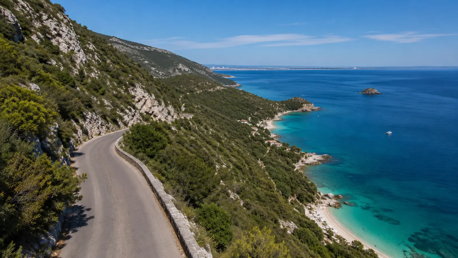 The closed Arrábida coast road winding above turquoise coves