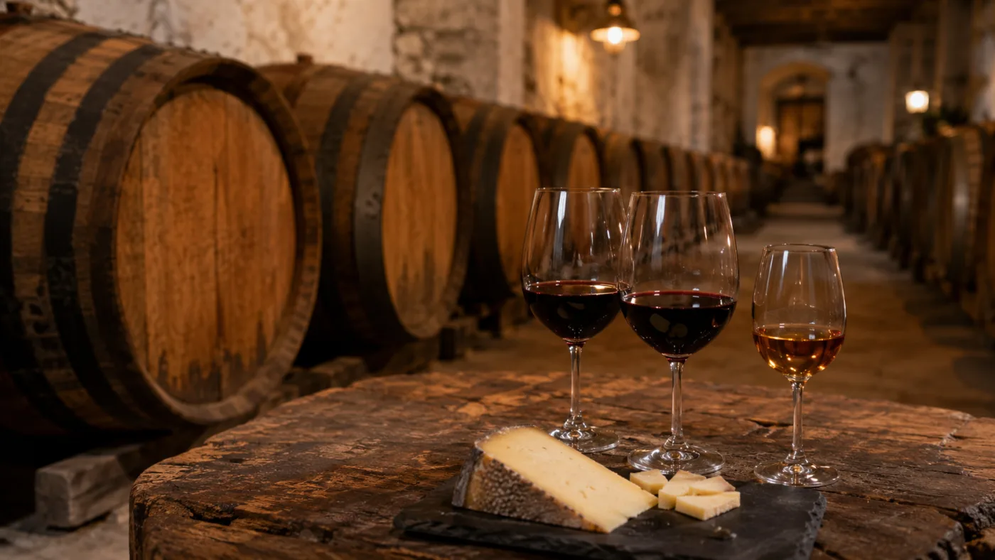 Wine cellar in Azeitão with oak barrels and a Moscatel de Setúbal tasting