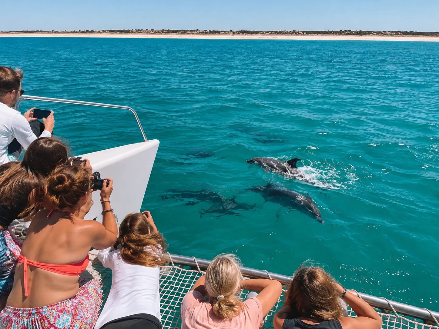 Passengers on a catamaran's bow net photographing wild bottlenose dolphins surfacing in the turquoise Sado estuary near Setúbal, the Tróia sandbar on the horizon